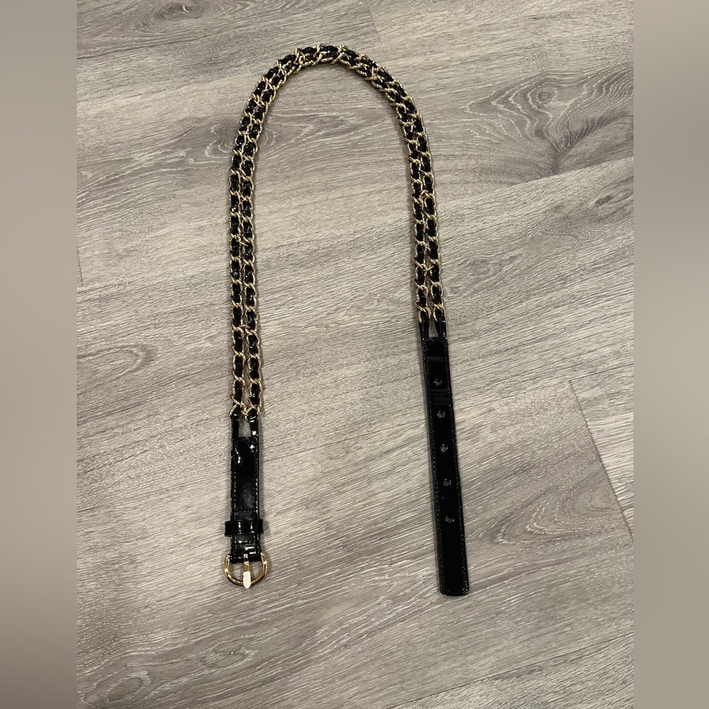 Talbots belt black patent leather with gold chain